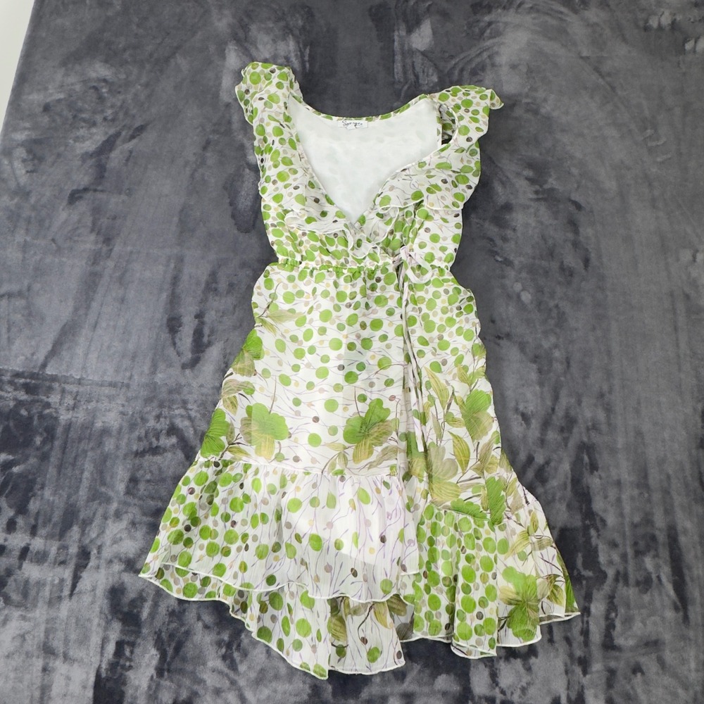 Sapogee Wrap Dress Womens Size S Green Floral Polka Dot Ruffle High Low Hem